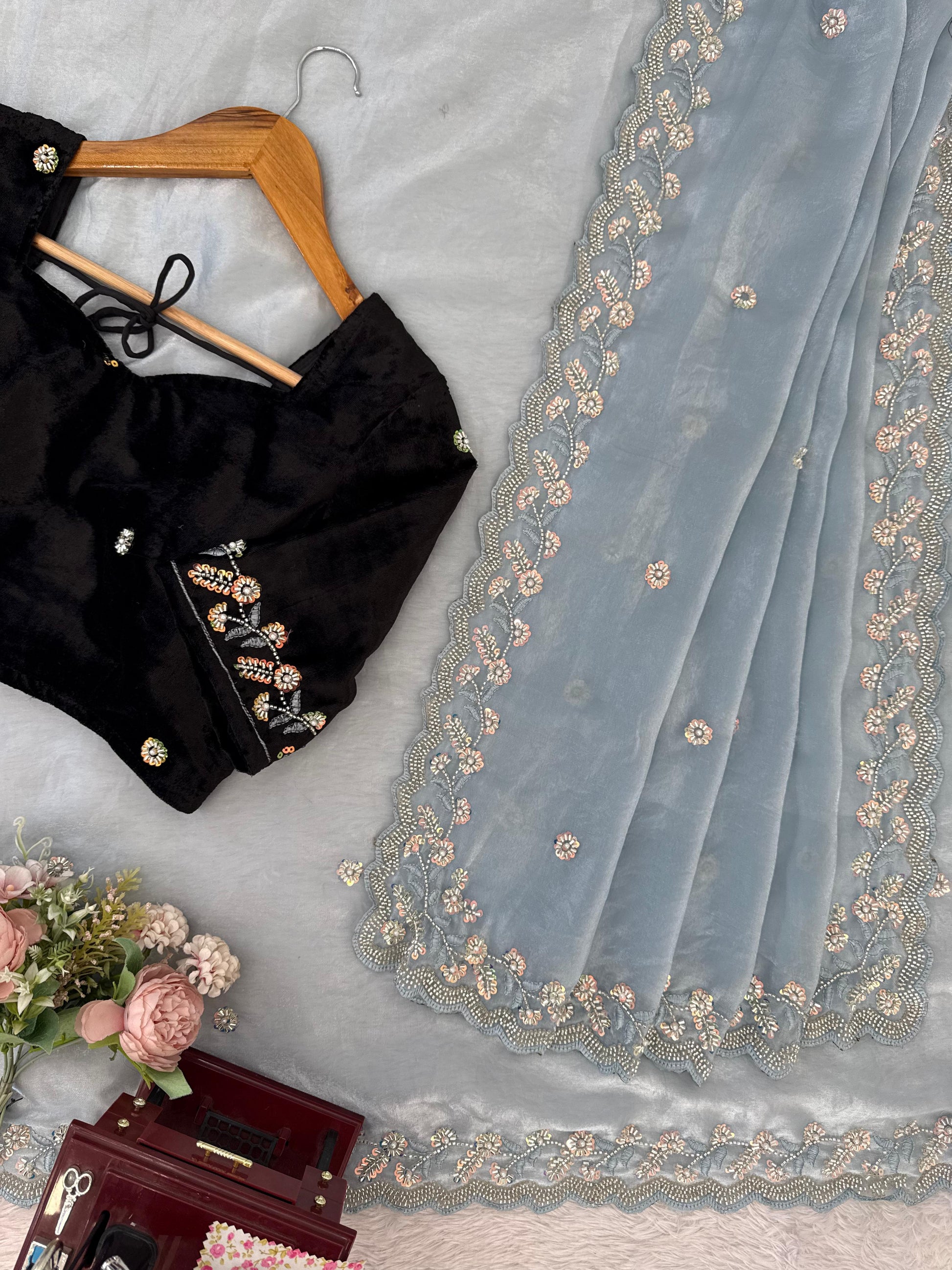 Elegant Sky Blue Designer Saree