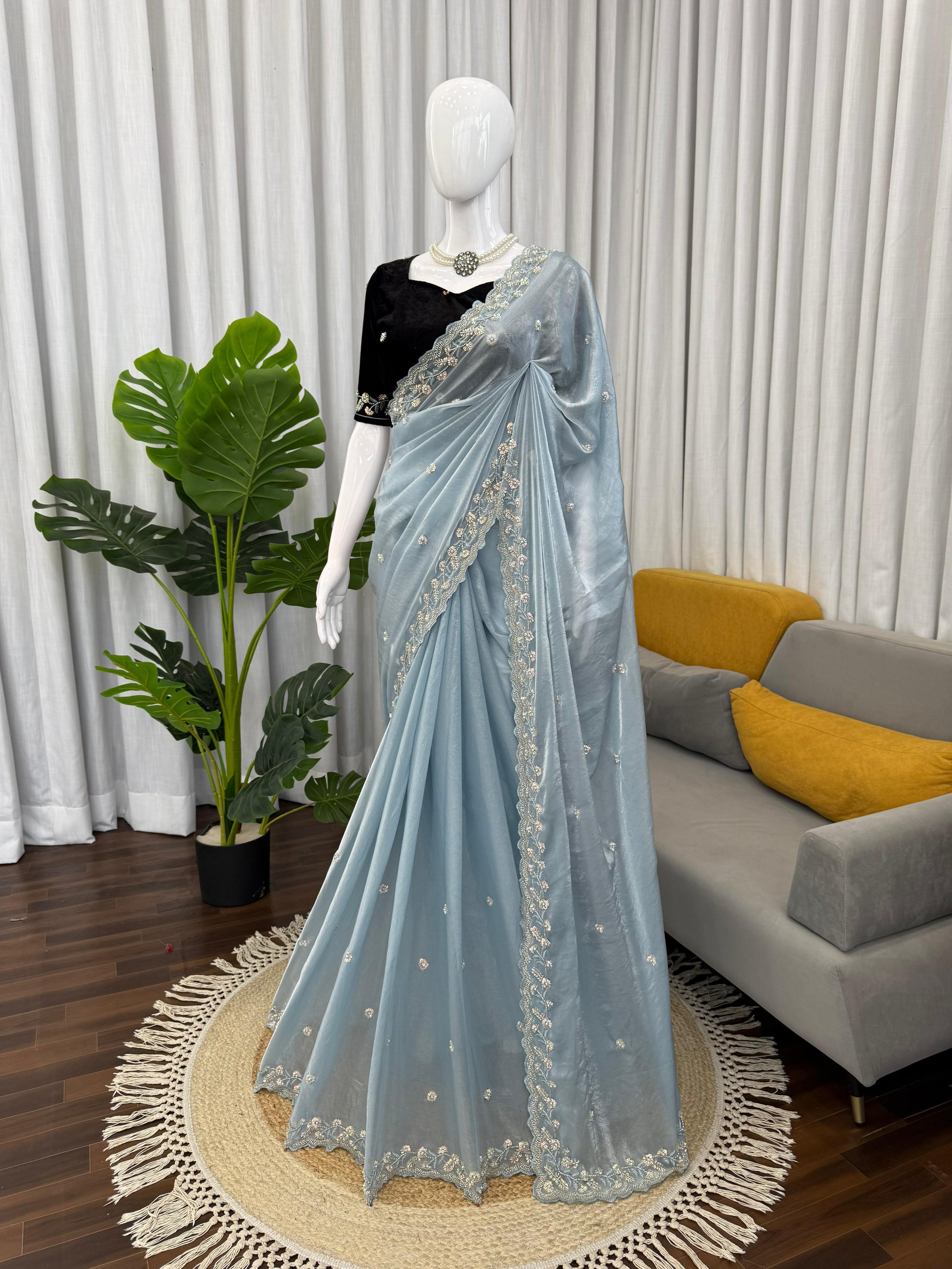 Elegant Sky Blue Designer Saree