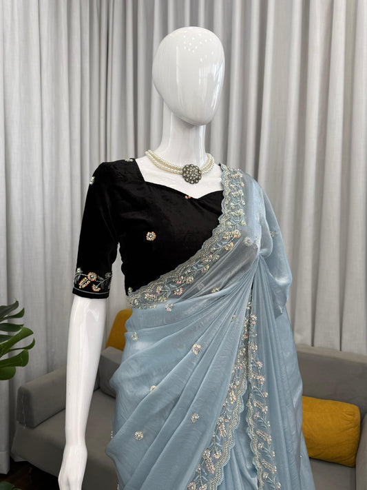 Elegant Sky Blue Designer Saree