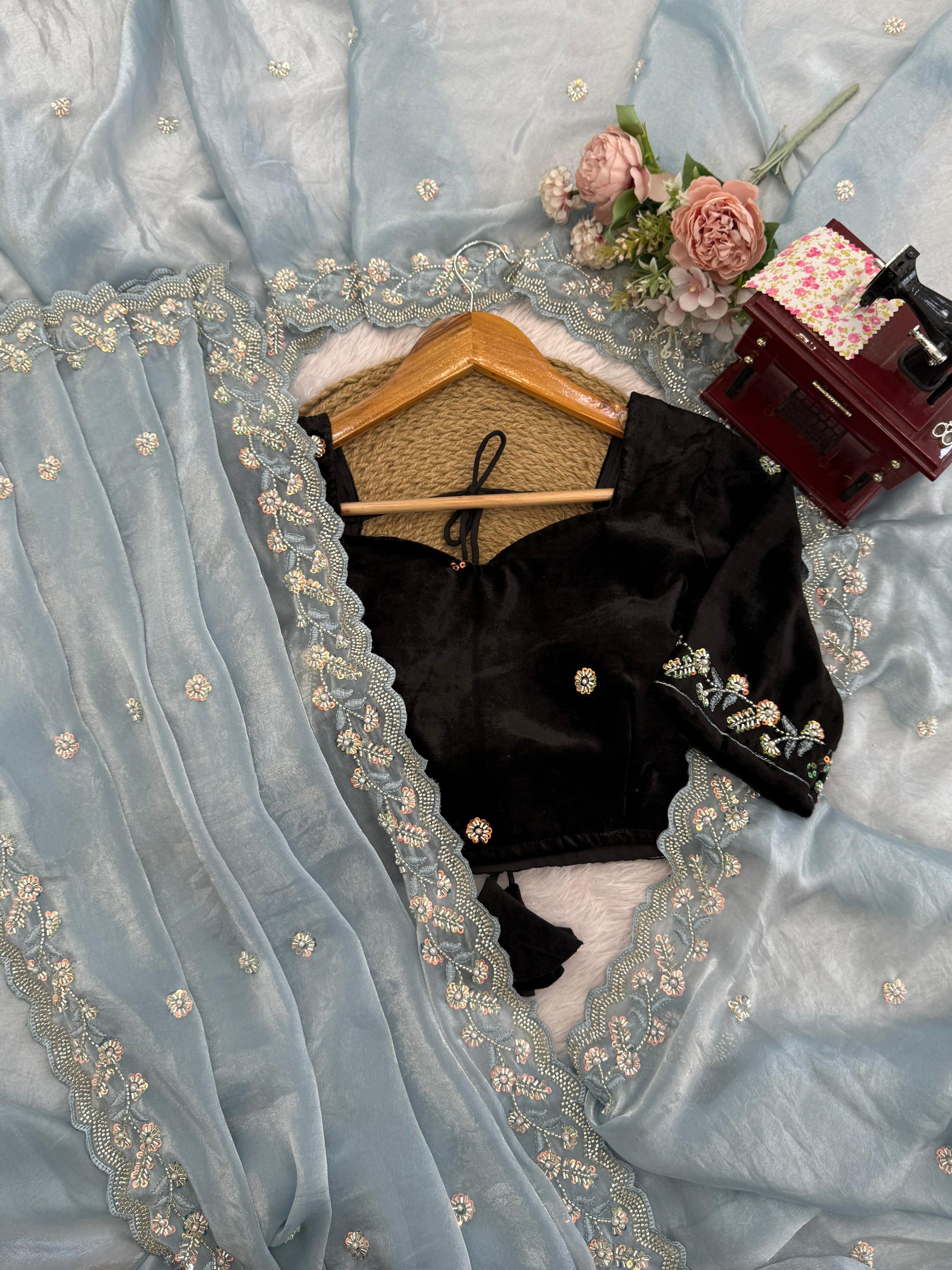 Elegant Sky Blue Designer Saree