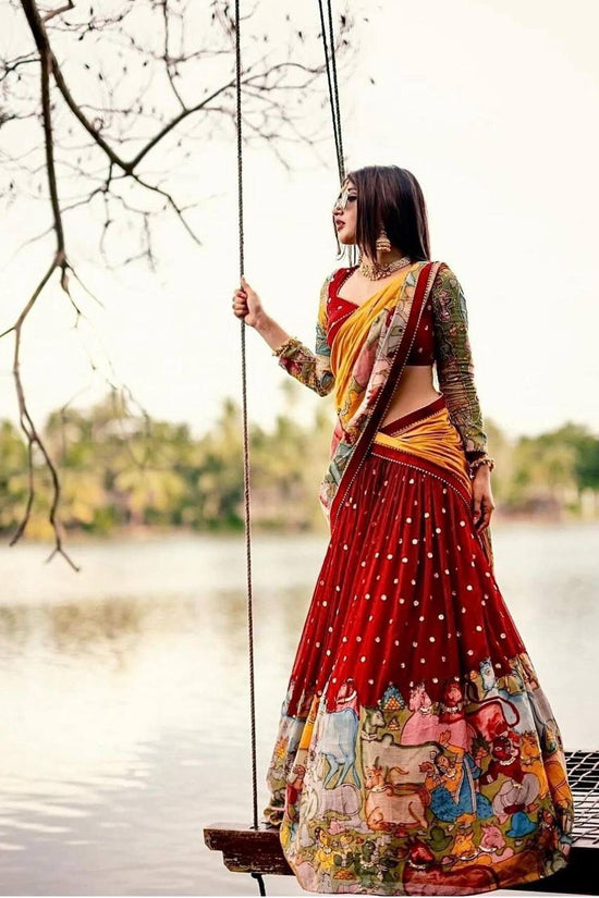 “Red Kalamkari Border Lehenga Set”