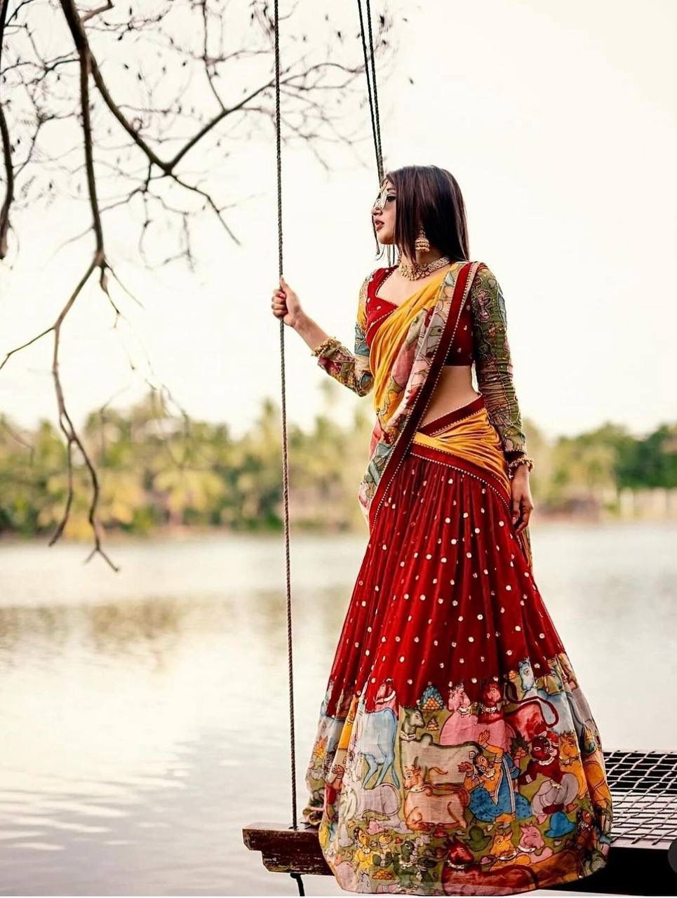 “Red Kalamkari Border Lehenga Set”