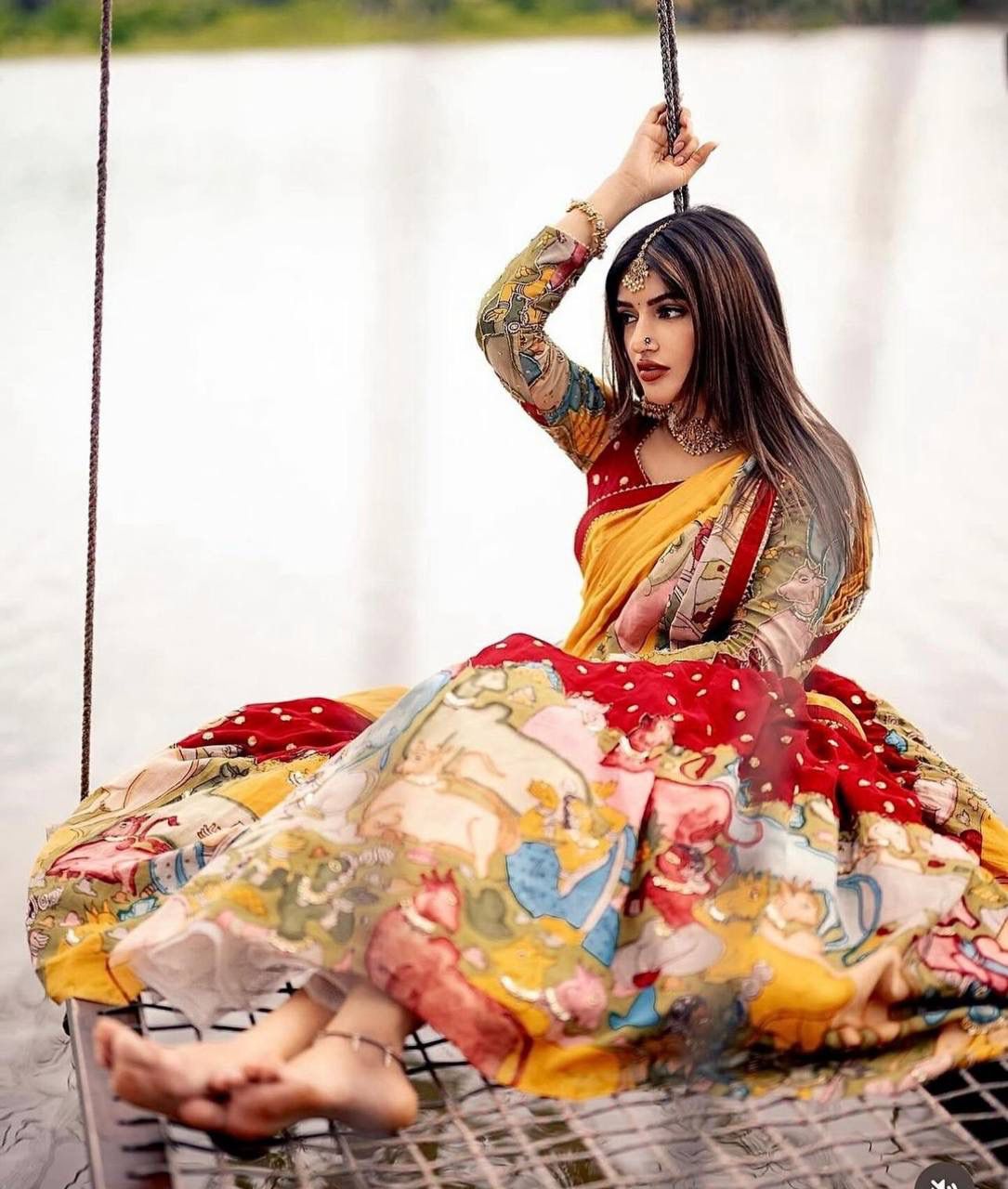 “Red Kalamkari Border Lehenga Set”