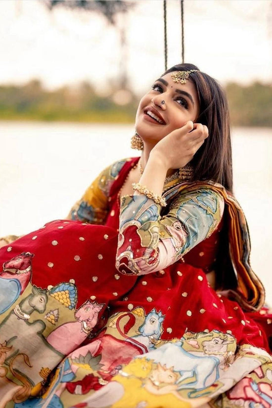 “Red Kalamkari Border Lehenga Set”