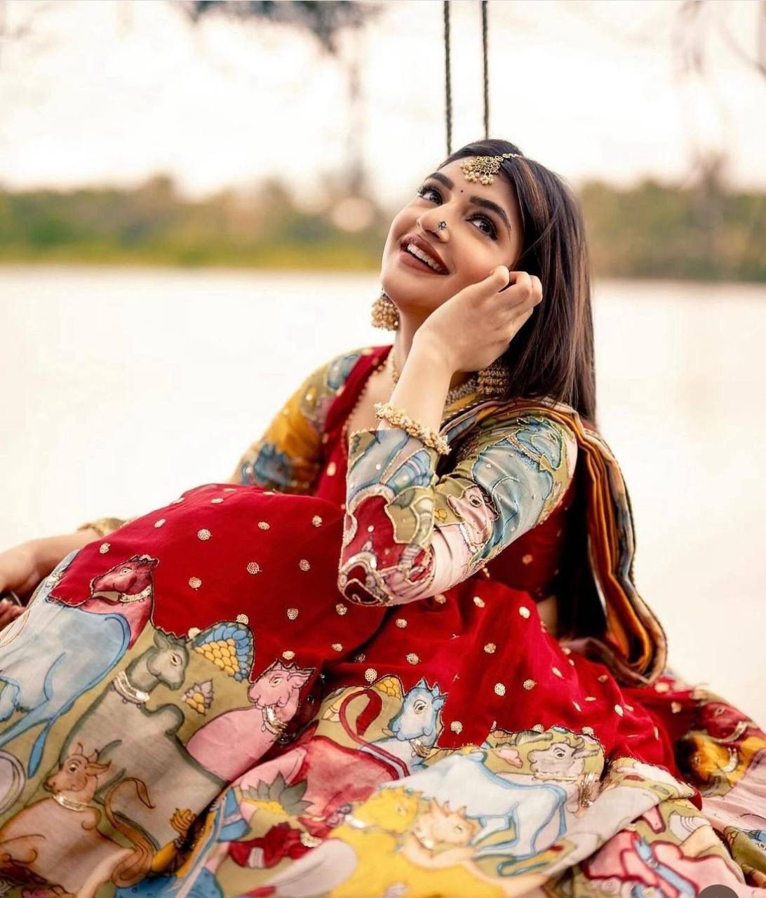 “Red Kalamkari Border Lehenga Set”