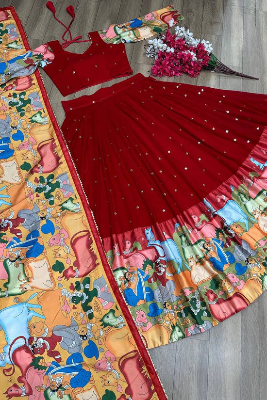 “Red Kalamkari Border Lehenga Set”