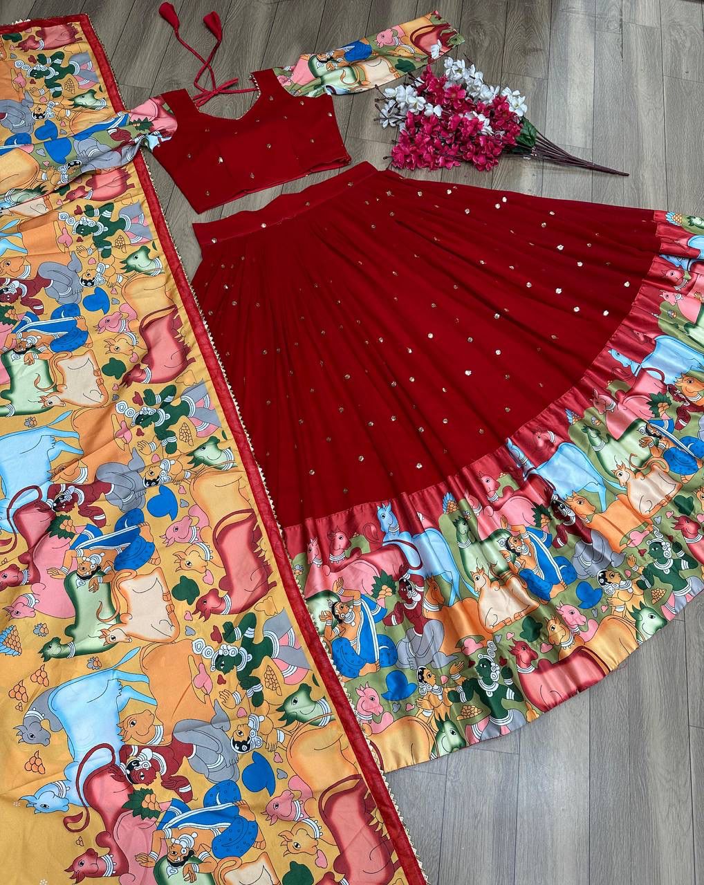 “Red Kalamkari Border Lehenga Set”