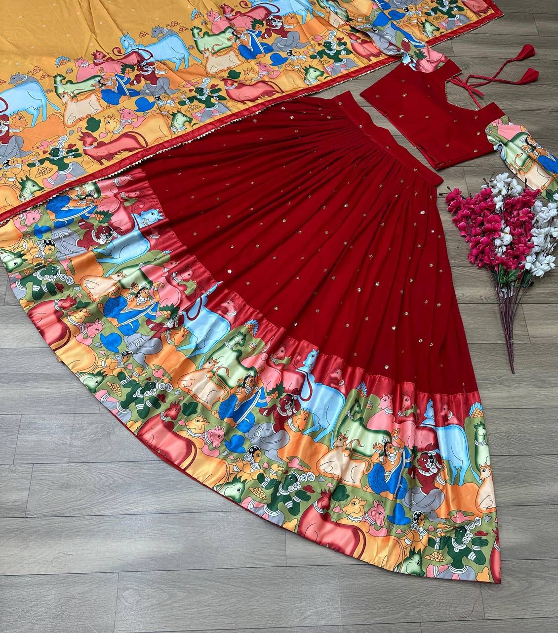 “Red Kalamkari Border Lehenga Set”