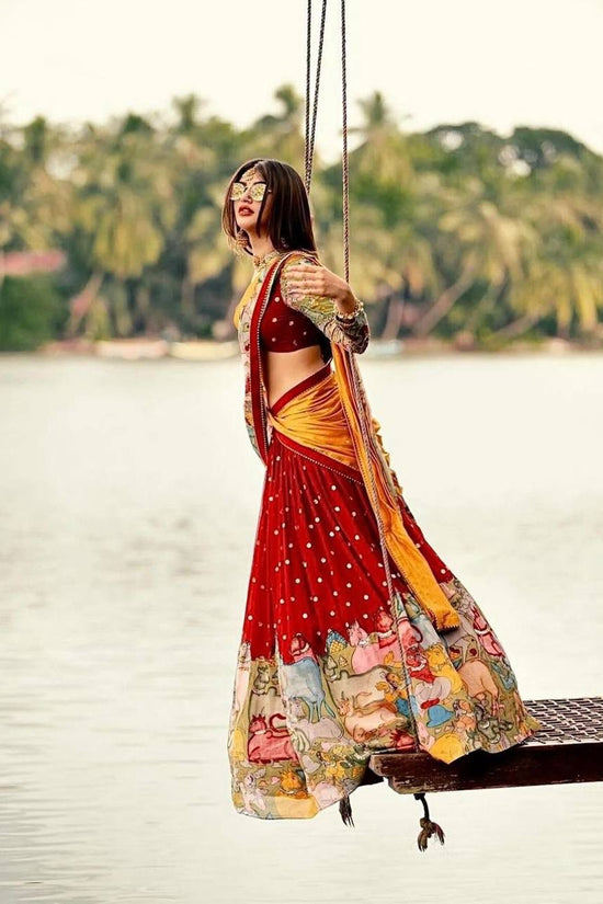 “Red Kalamkari Border Lehenga Set”