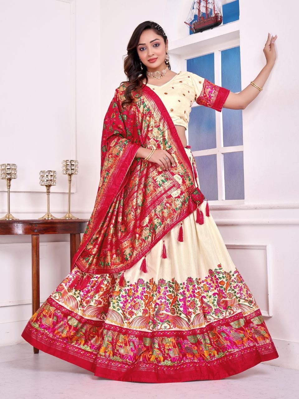 Elegant  Traditional Lehenga with Rich Floral and Peacock Print Dupatta