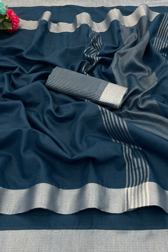 Elegant   Pure  heavy Linen-Cotton Saree with Silver Striped Border”