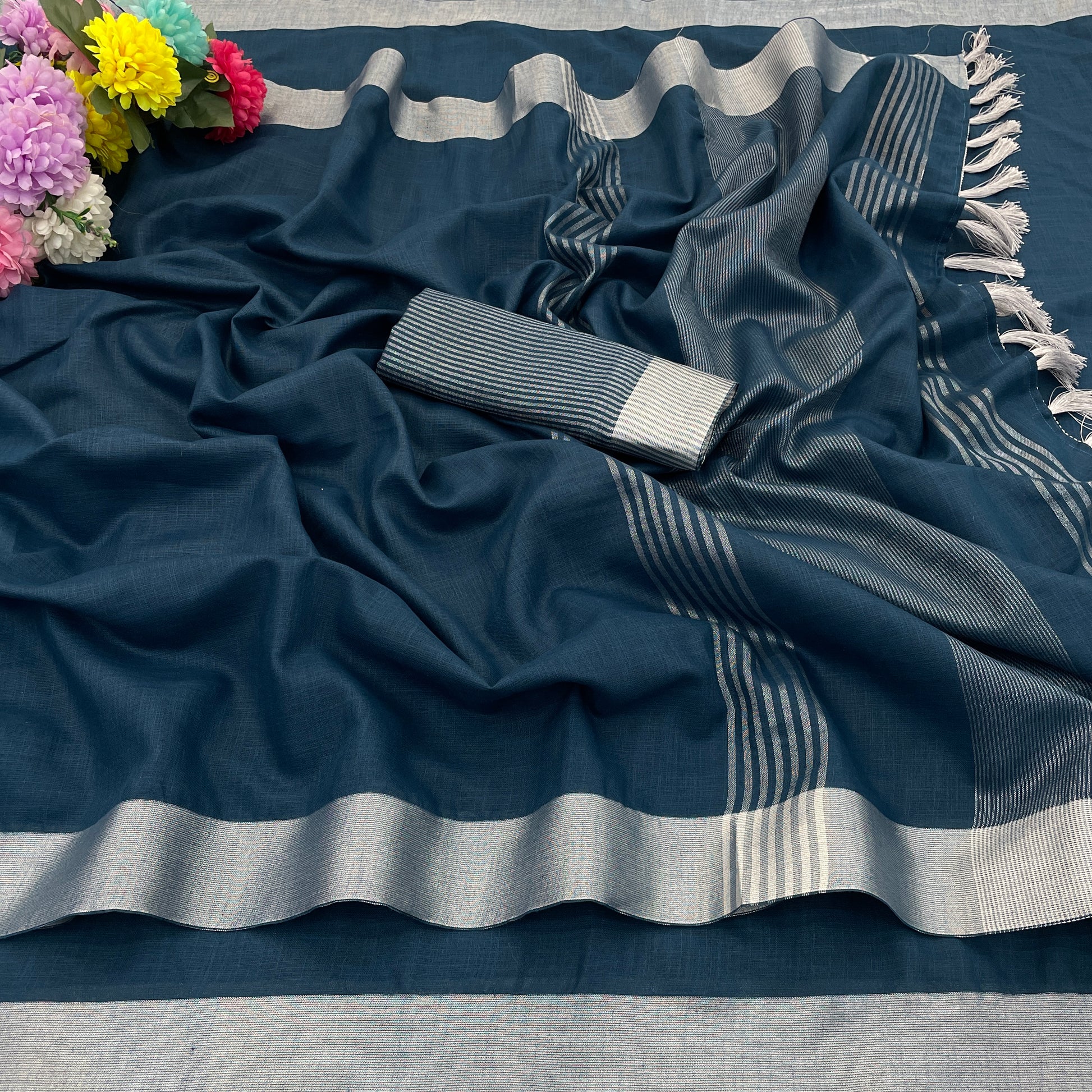 Elegant   Pure  heavy Linen-Cotton Saree with Silver Striped Border”