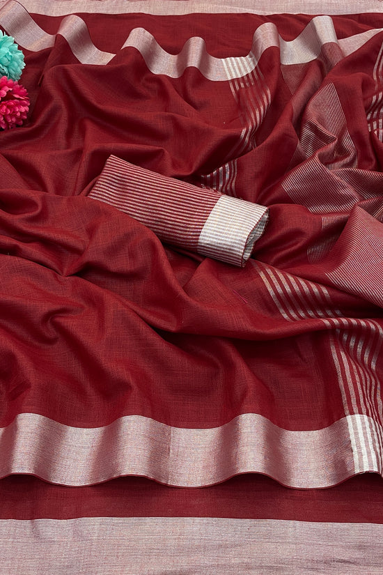 Elegant   Pure  heavy Linen-Cotton Saree with Silver Striped Border”