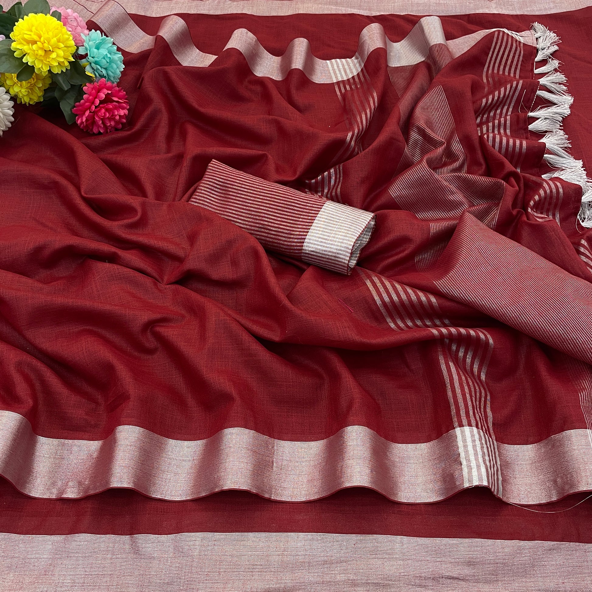 Elegant   Pure  heavy Linen-Cotton Saree with Silver Striped Border”