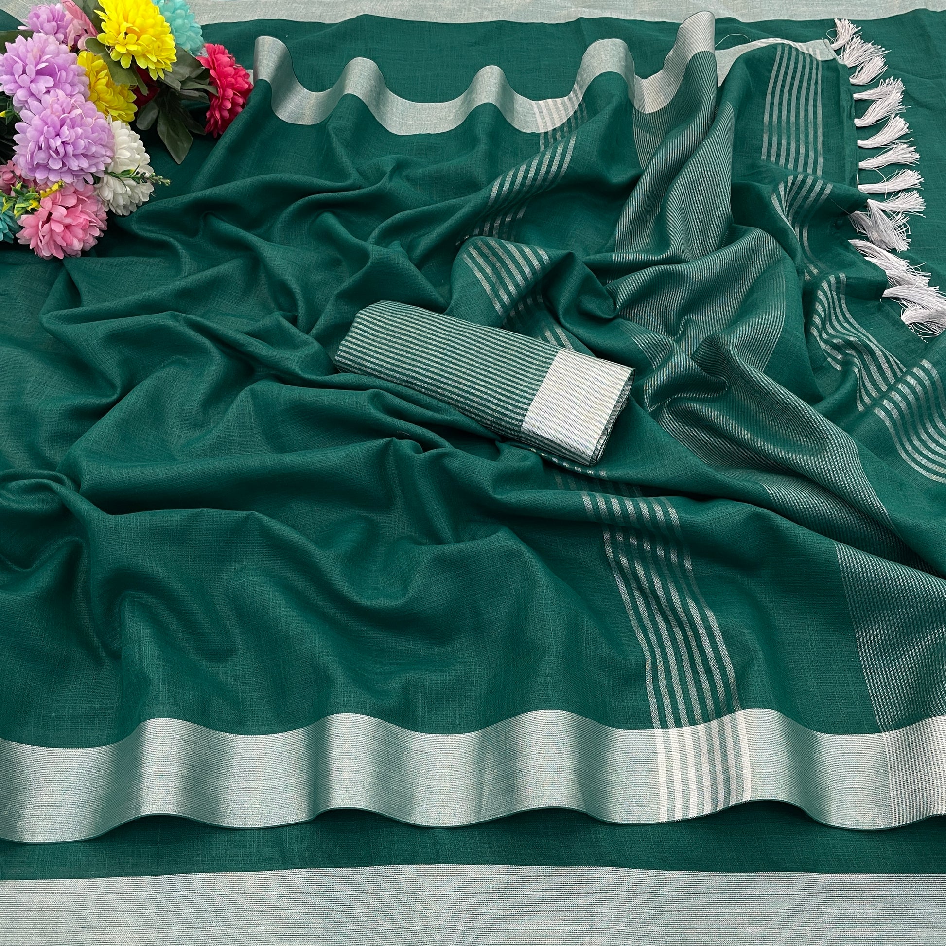 Elegant   Pure  heavy Linen-Cotton Saree with Silver Striped Border”