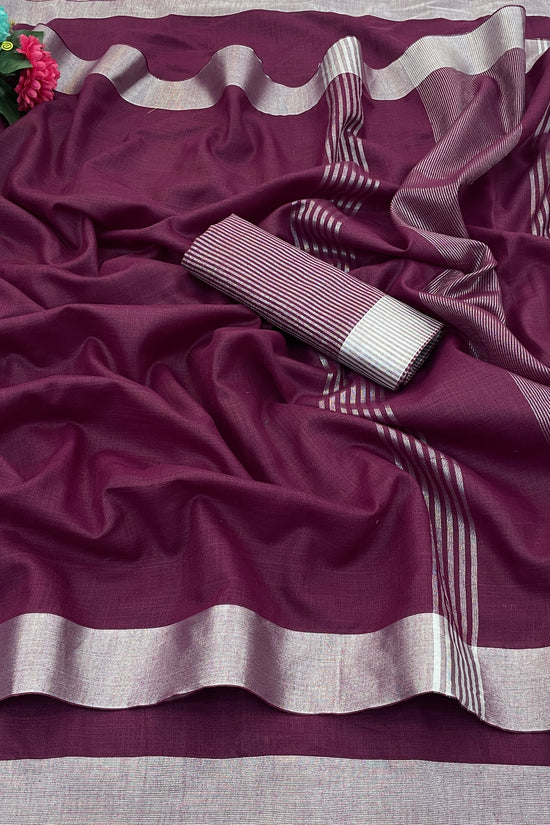 Elegant   Pure  heavy Linen-Cotton Saree with Silver Striped Border”
