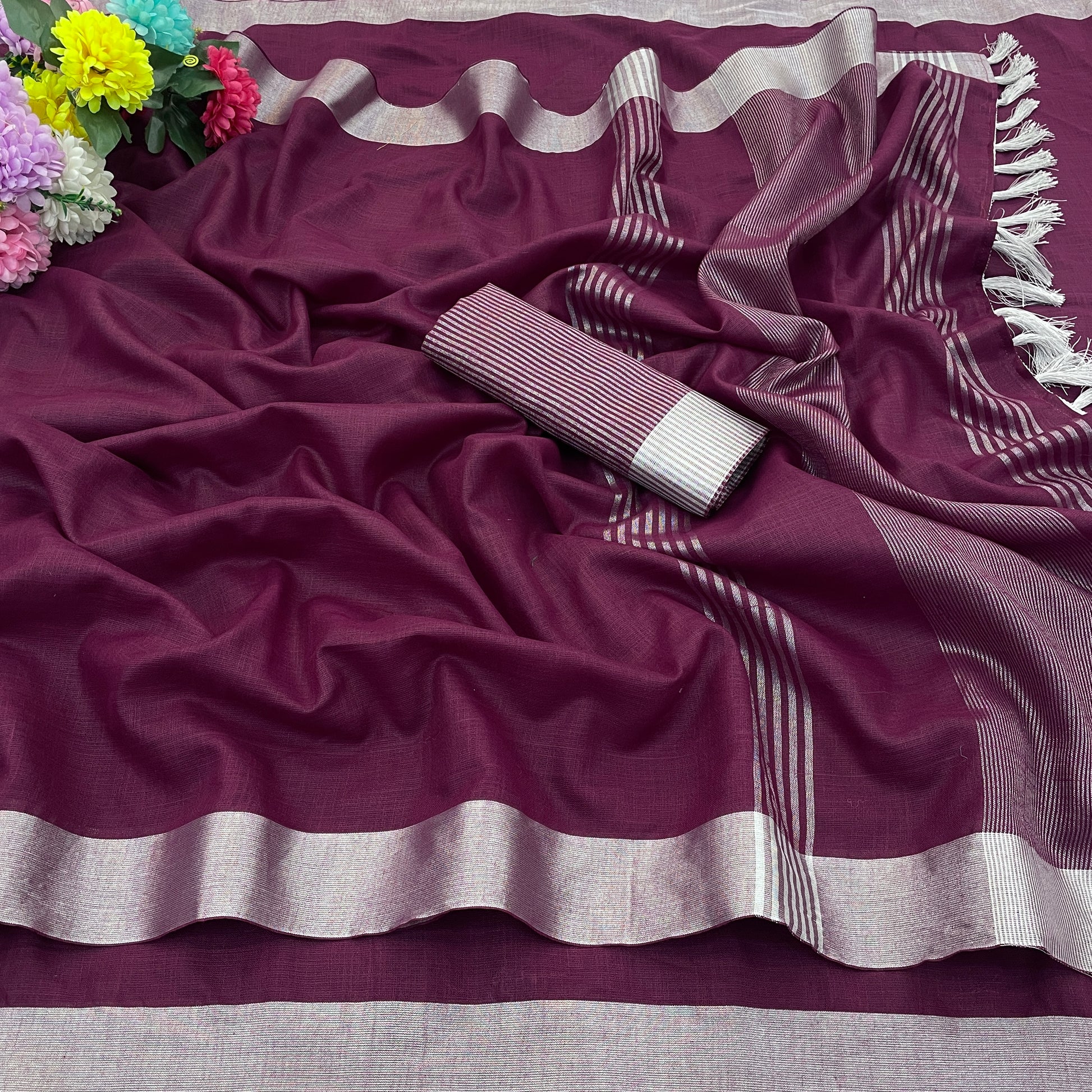 Elegant   Pure  heavy Linen-Cotton Saree with Silver Striped Border”