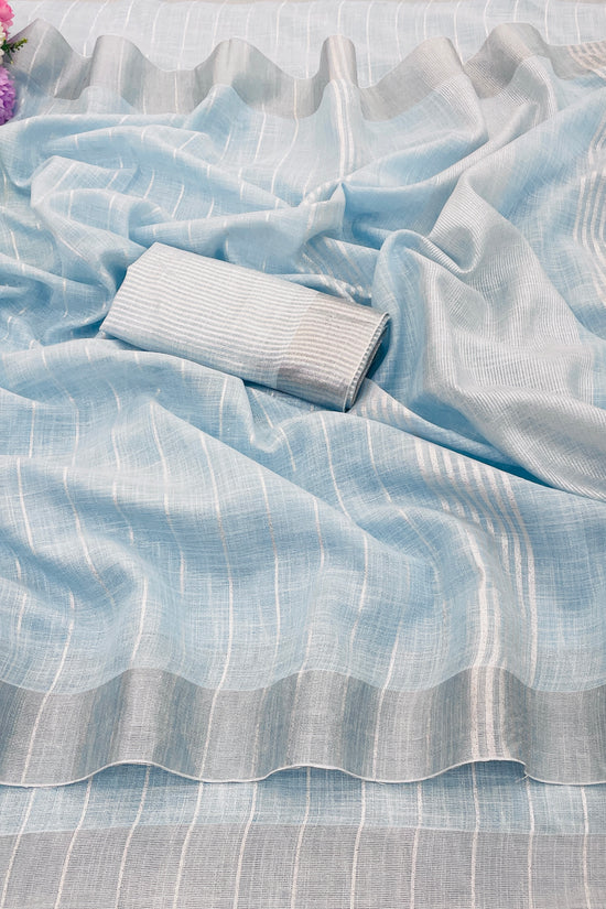 Elegant   Pure  heavy Linen-Cotton Saree with Silver Striped Border”