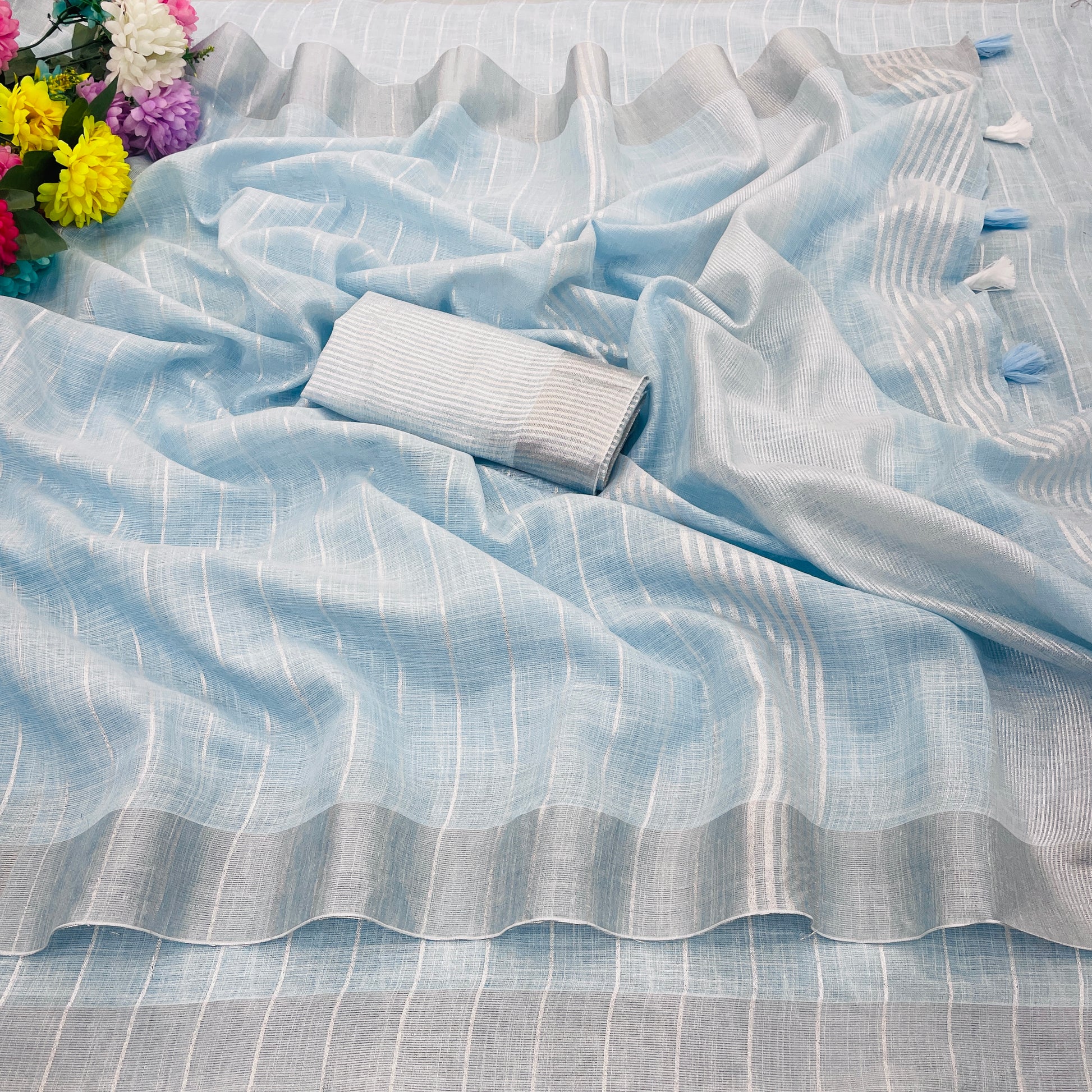 Elegant   Pure  heavy Linen-Cotton Saree with Silver Striped Border”