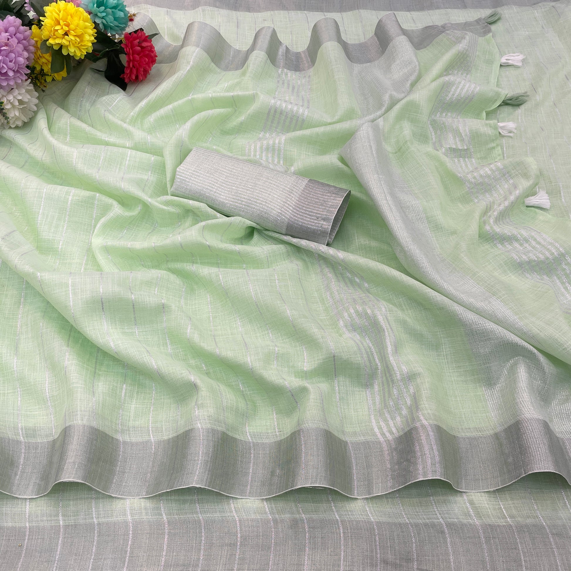 Elegant   Pure  heavy Linen-Cotton Saree with Silver Striped Border”