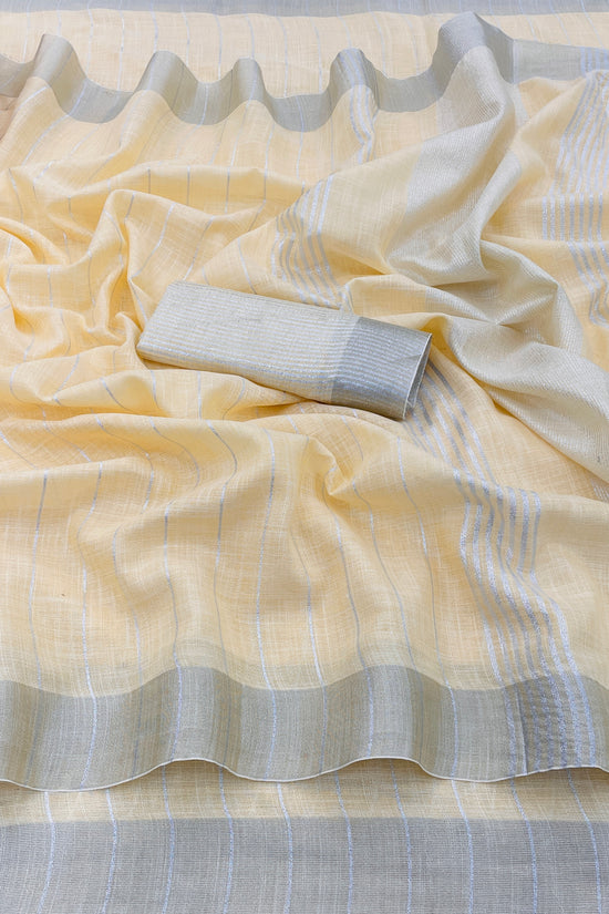 Elegant   Pure  heavy Linen-Cotton Saree with Silver Striped Border”