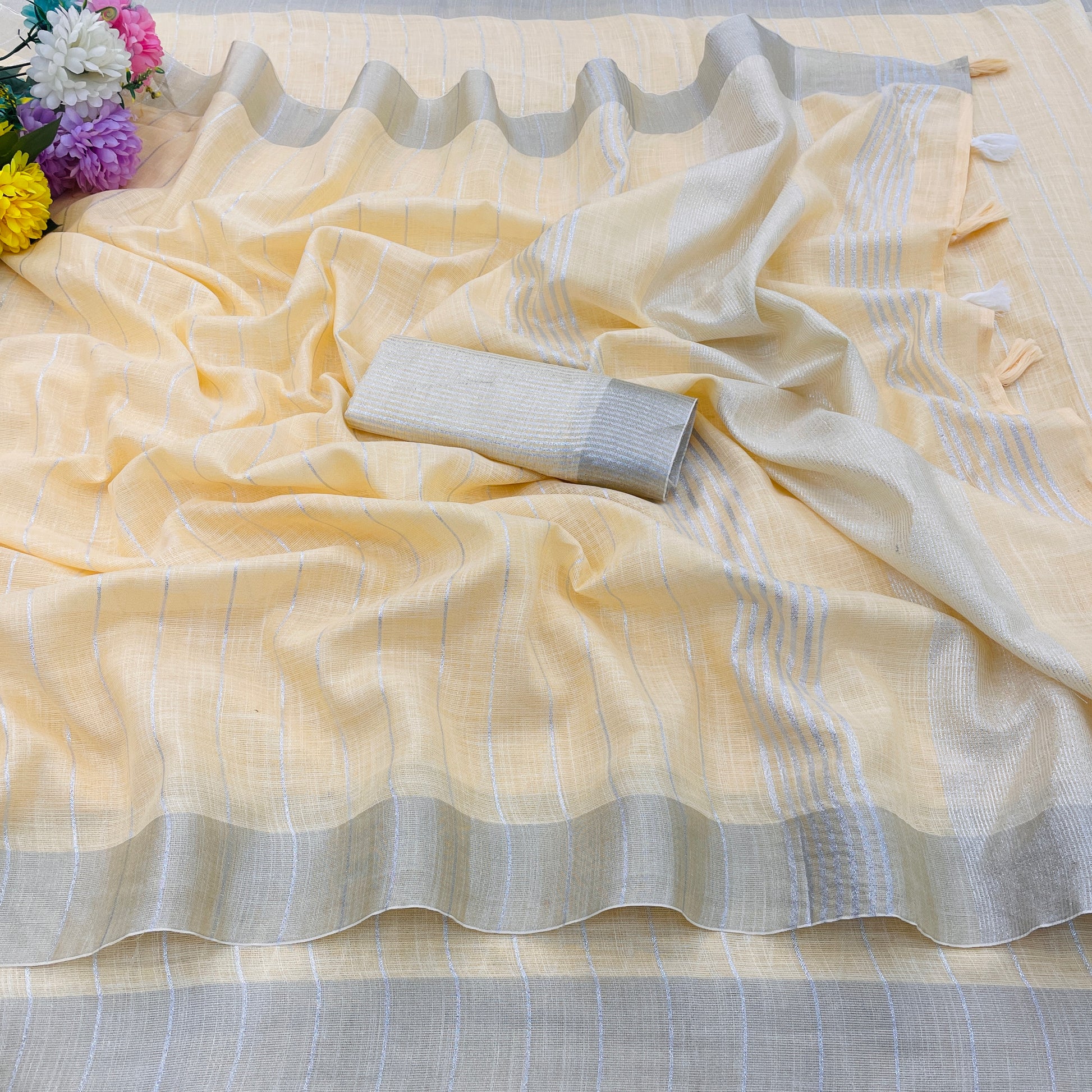 Elegant   Pure  heavy Linen-Cotton Saree with Silver Striped Border”