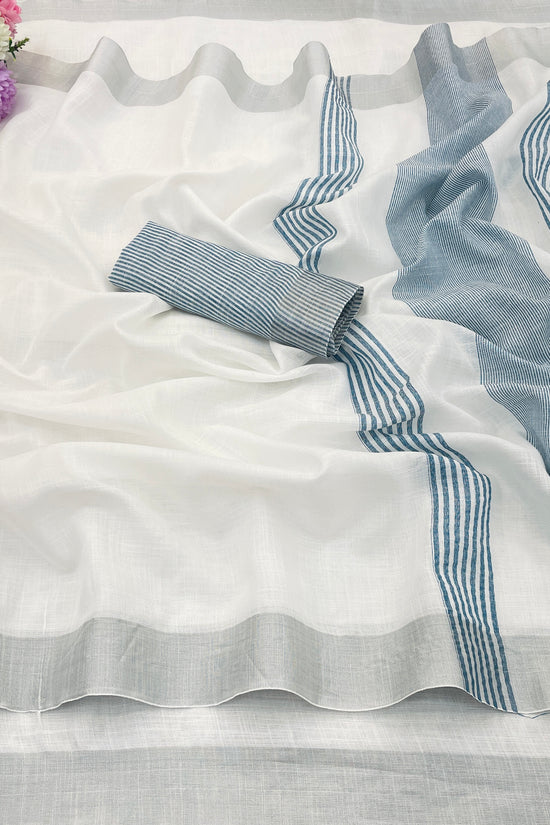 Elegant   Pure  heavy Linen-Cotton Saree with Silver Striped Border”
