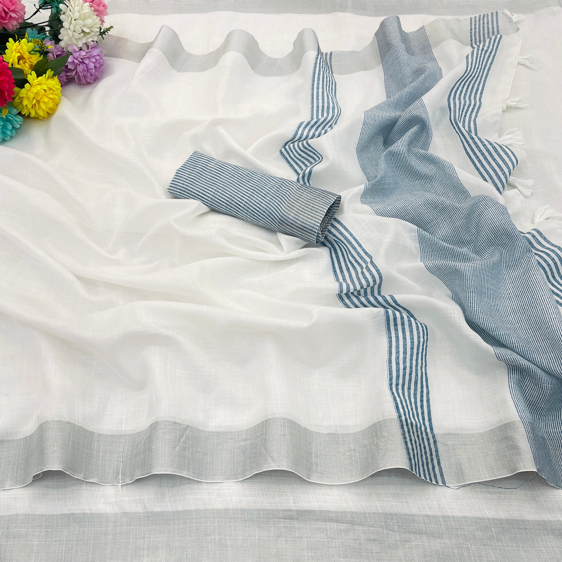 Elegant   Pure  heavy Linen-Cotton Saree with Silver Striped Border”