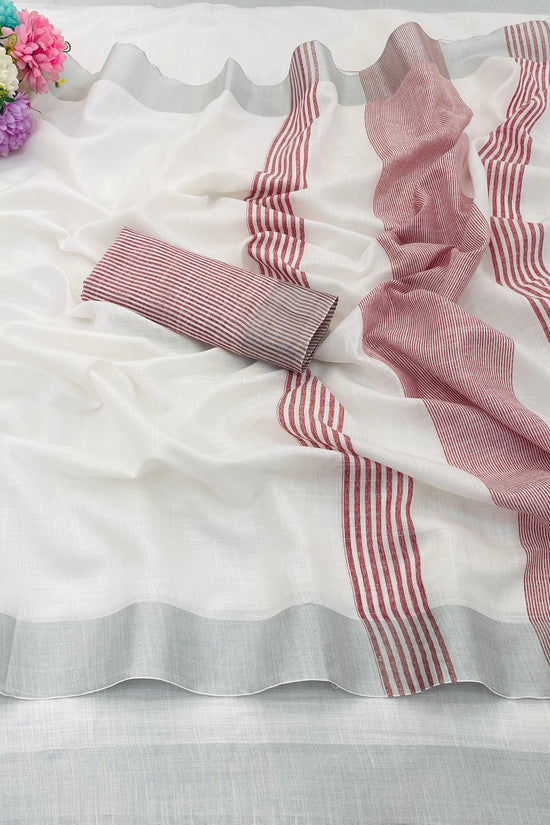 Elegant   Pure  heavy Linen-Cotton Saree with Silver Striped Border”
