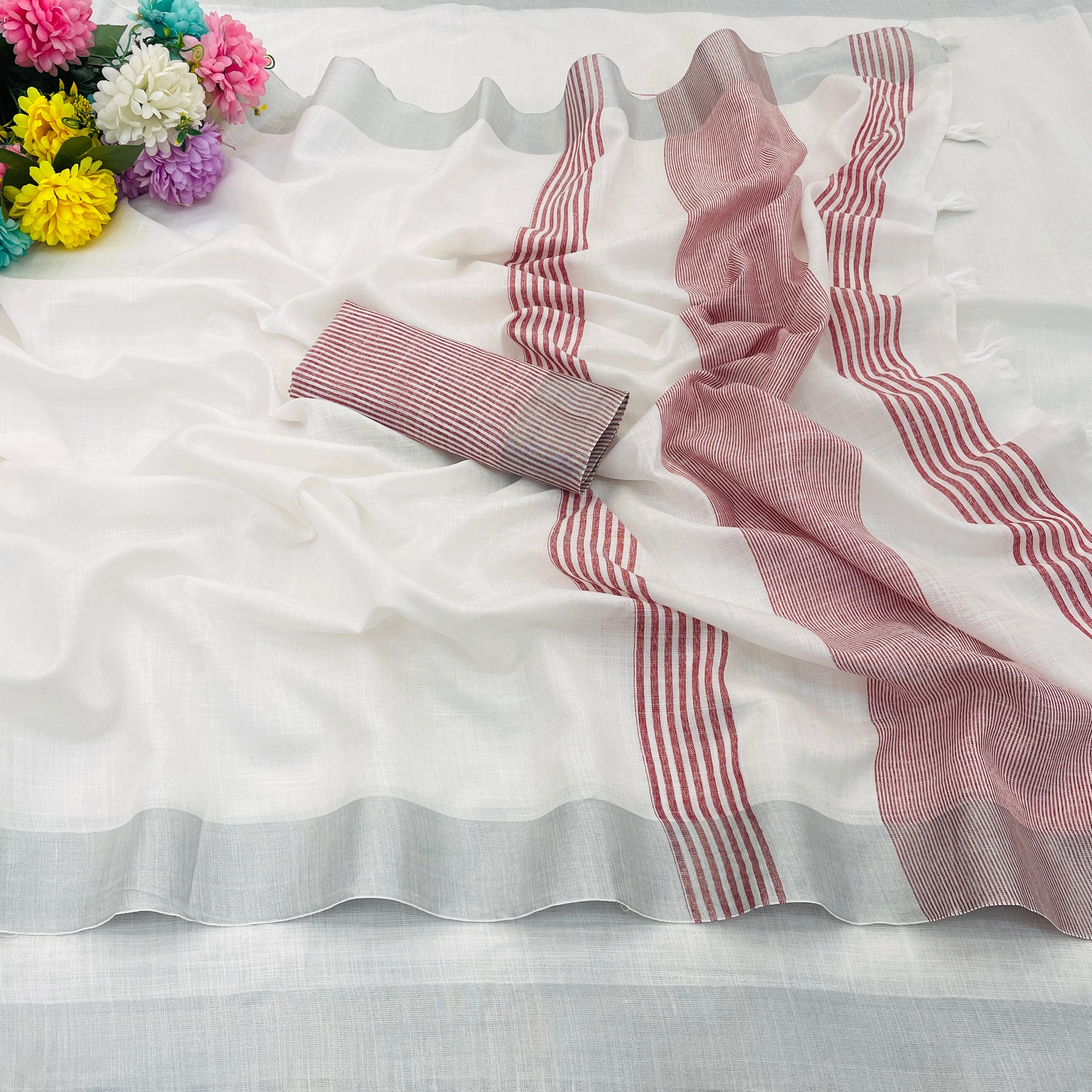 Elegant   Pure  heavy Linen-Cotton Saree with Silver Striped Border”