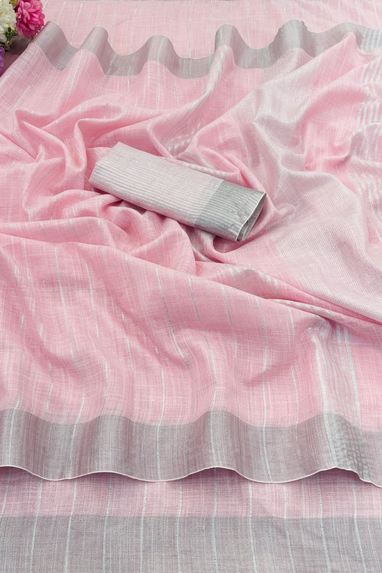 Elegant   Pure  heavy Linen-Cotton Saree with Silver Striped Border”