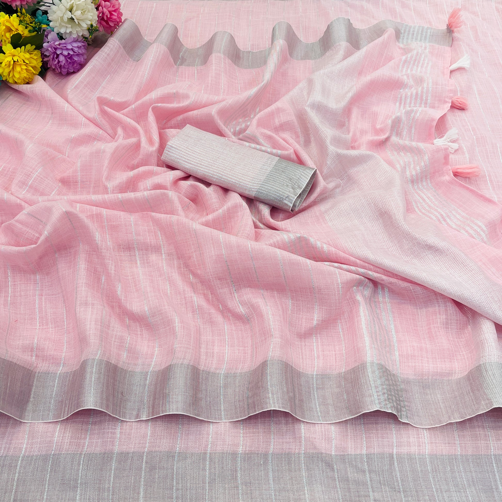 Elegant   Pure  heavy Linen-Cotton Saree with Silver Striped Border”