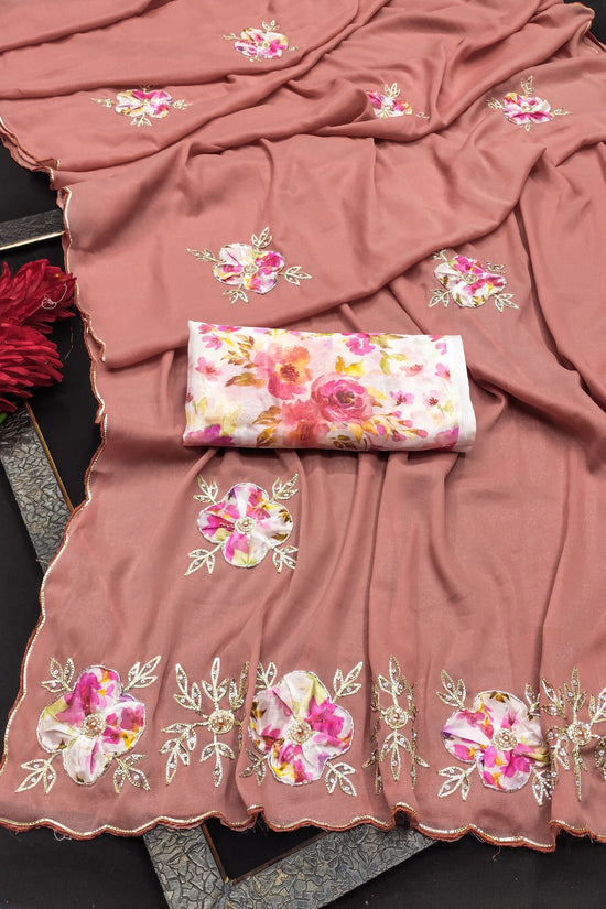 Elegant Star Georgette Saree with Floral Embroidery & Sequin Detailing