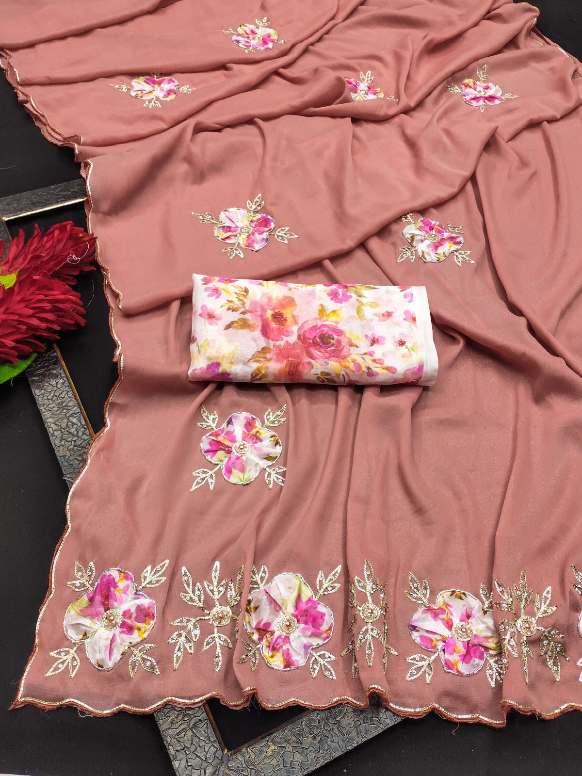 Elegant Star Georgette Saree with Floral Embroidery & Sequin Detailing