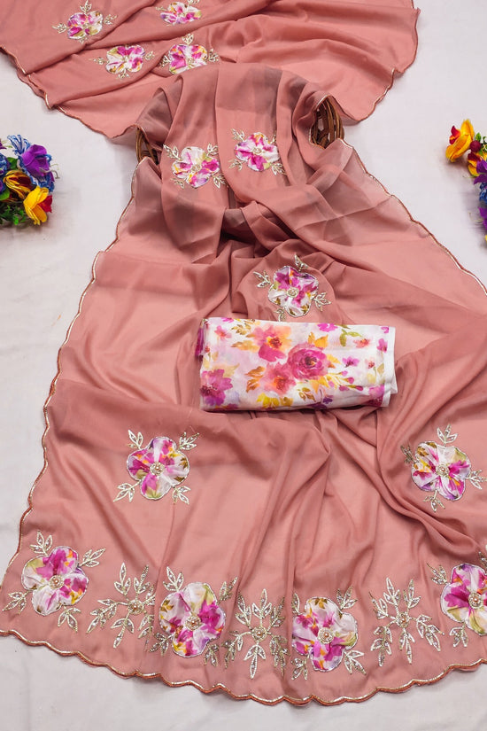 Elegant Star Georgette Saree with Floral Embroidery & Sequin Detailing