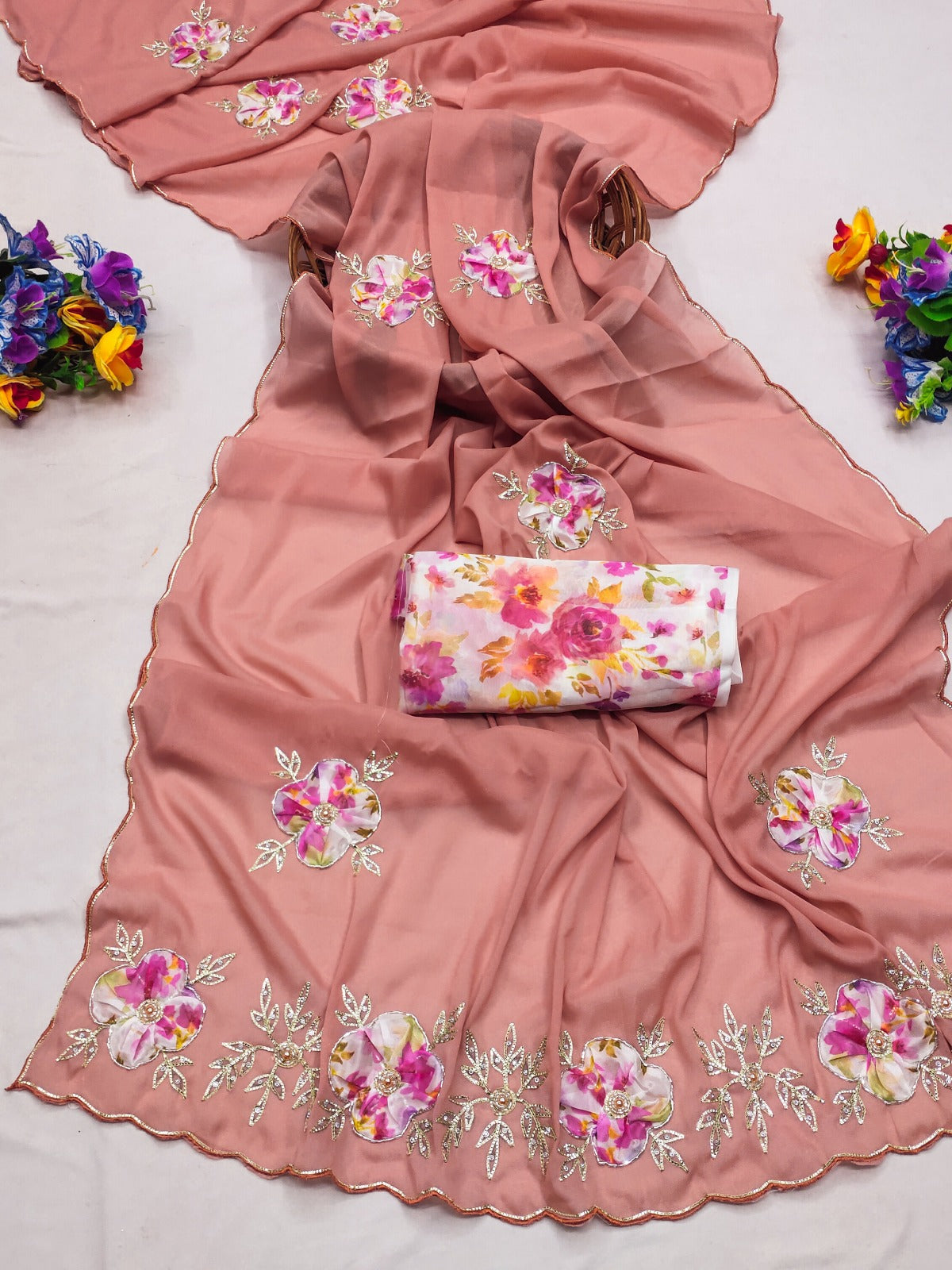 Elegant Star Georgette Saree with Floral Embroidery & Sequin Detailing