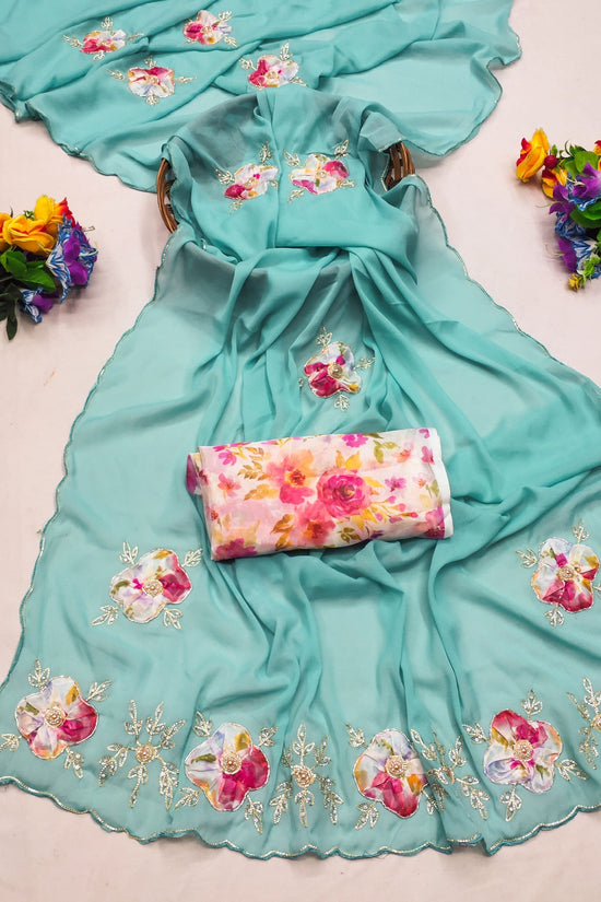 Elegant Star Georgette Saree with Floral Embroidery & Sequin Detailing