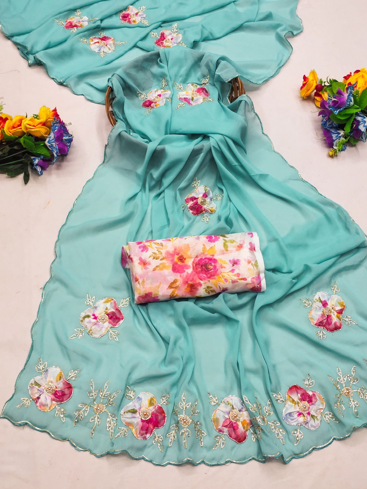 Elegant Star Georgette Saree with Floral Embroidery & Sequin Detailing