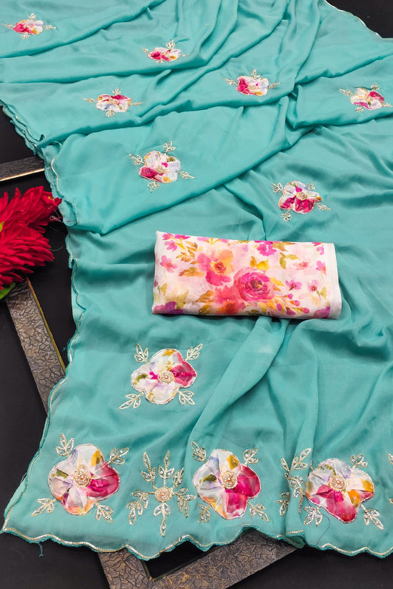 Elegant Star Georgette Saree with Floral Embroidery & Sequin Detailing