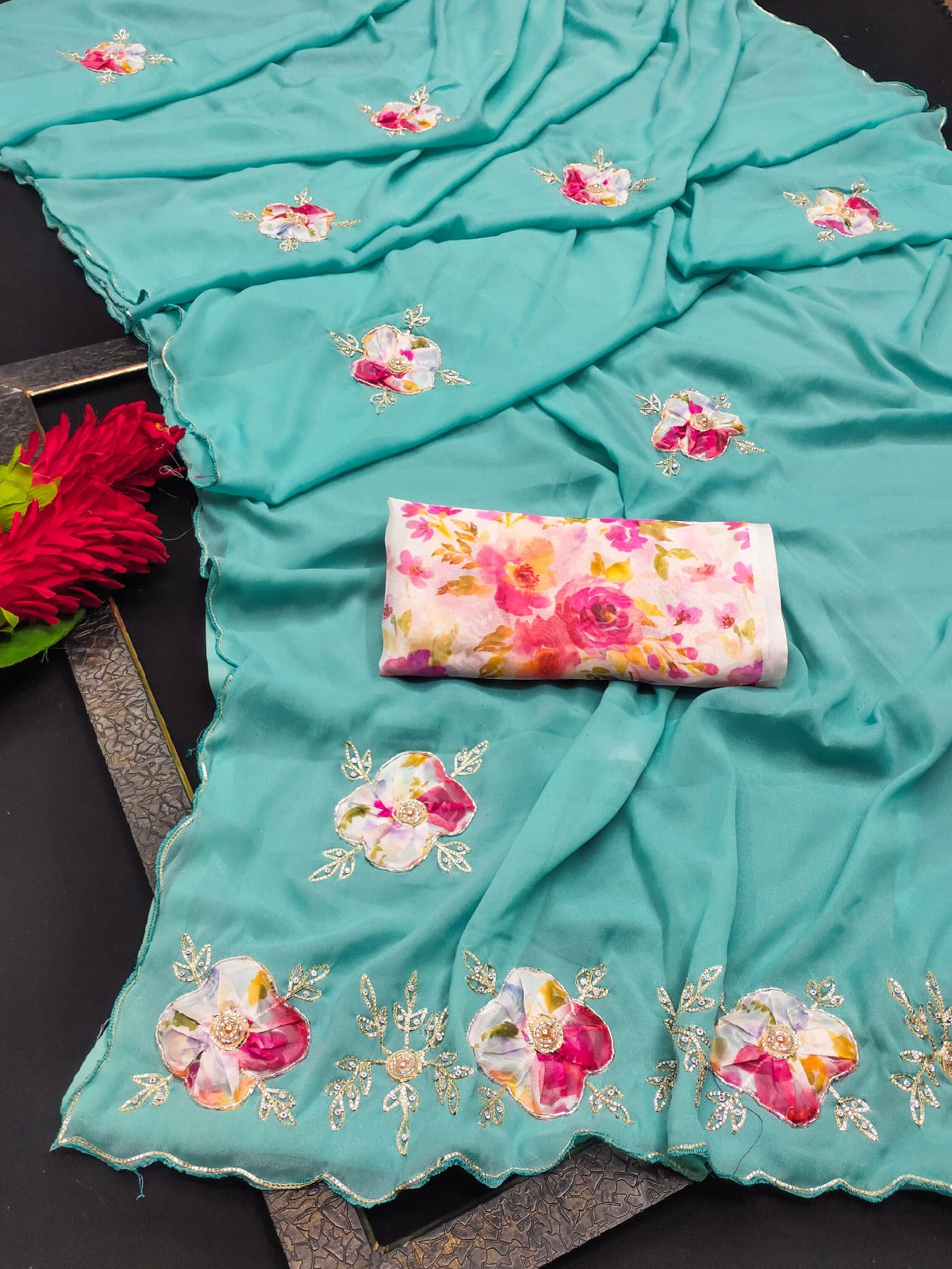 Elegant Star Georgette Saree with Floral Embroidery & Sequin Detailing