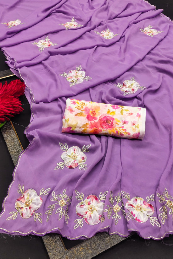 Elegant Star Georgette Saree with Floral Embroidery & Sequin Detailing