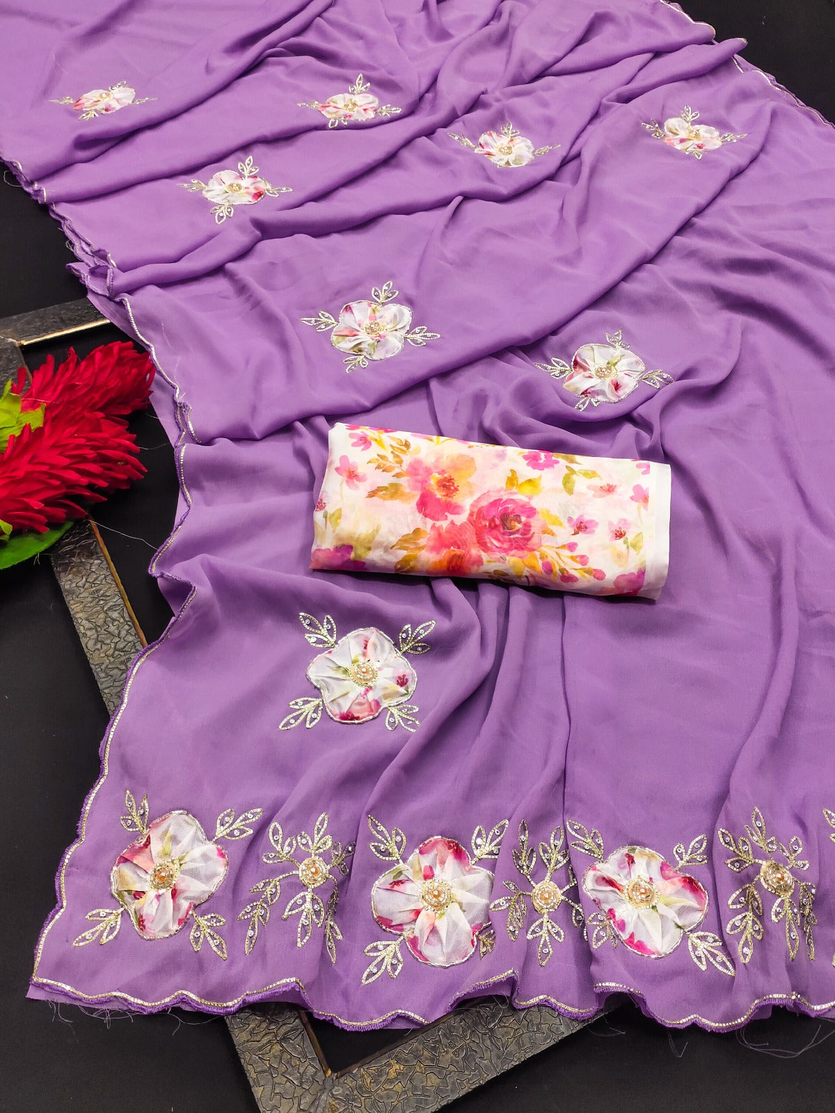 Elegant Star Georgette Saree with Floral Embroidery & Sequin Detailing