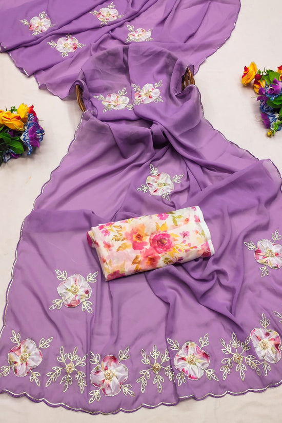 Elegant Star Georgette Saree with Floral Embroidery & Sequin Detailing