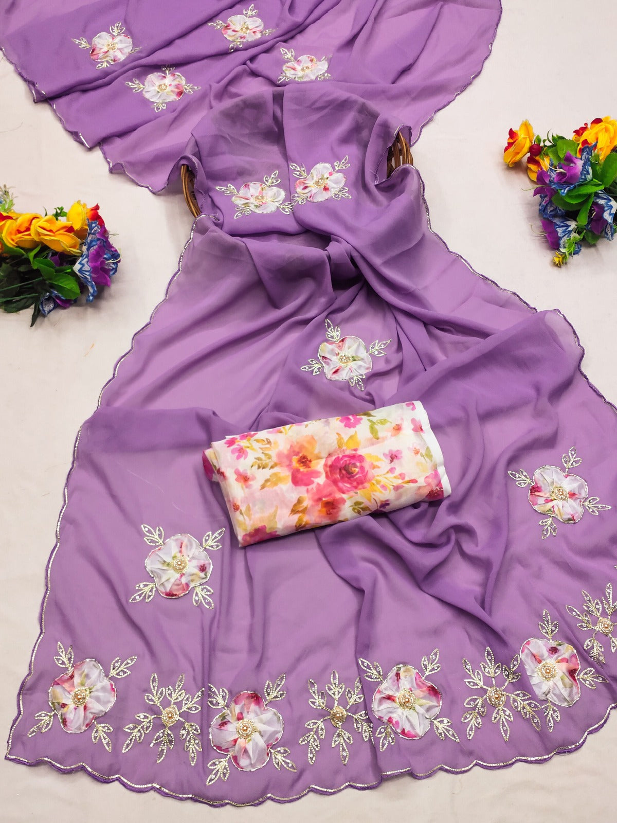 Elegant Star Georgette Saree with Floral Embroidery & Sequin Detailing