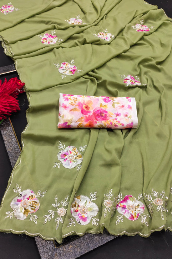 Elegant Star Georgette Saree with Floral Embroidery & Sequin Detailing