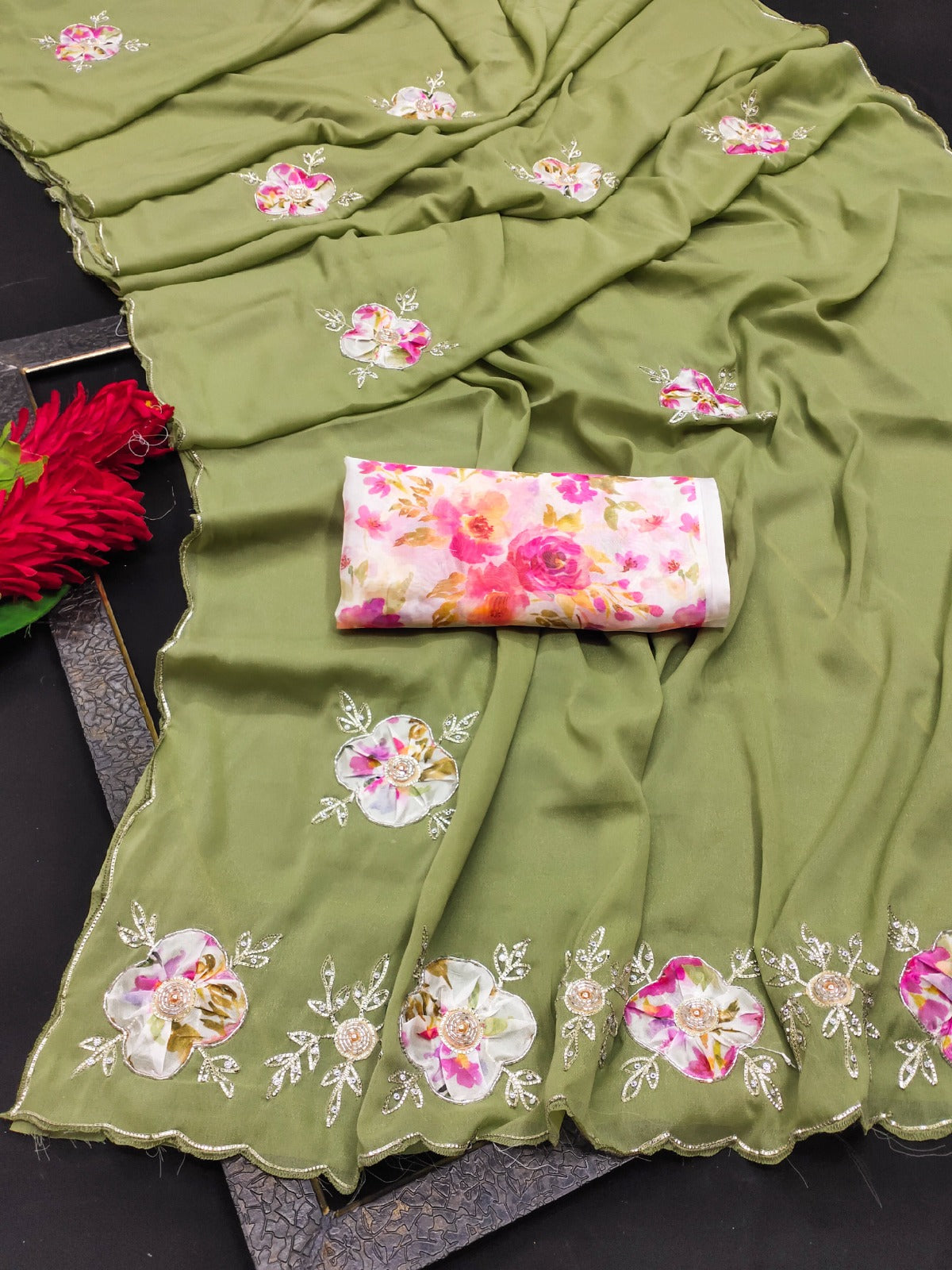 Elegant Star Georgette Saree with Floral Embroidery & Sequin Detailing