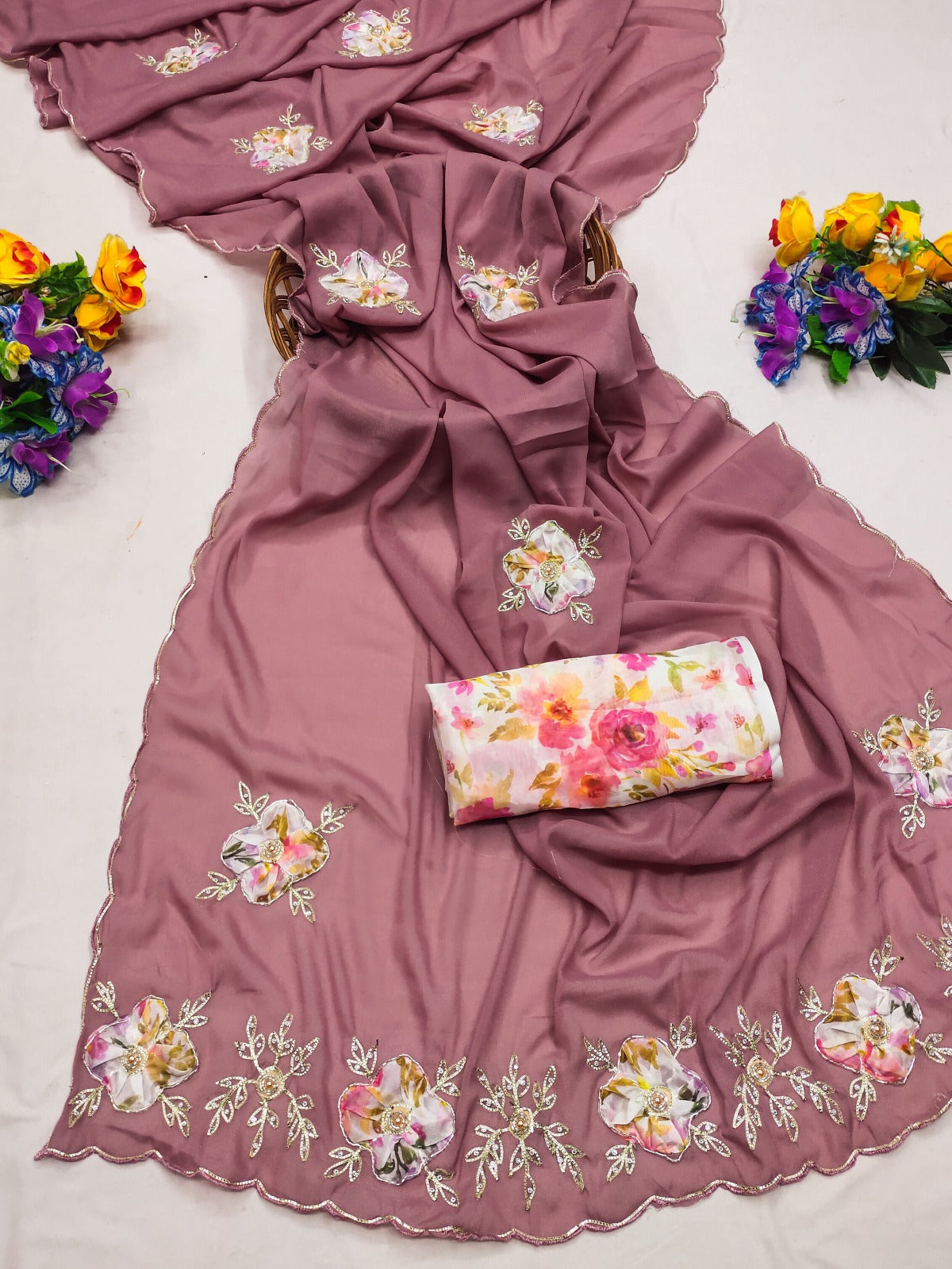 Elegant Star Georgette Saree with Floral Embroidery & Sequin Detailing