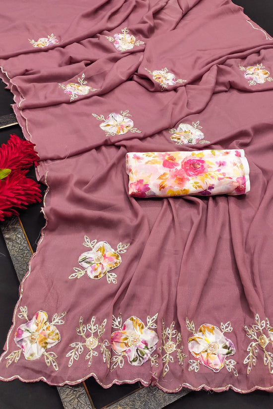 Elegant Star Georgette Saree with Floral Embroidery & Sequin Detailing