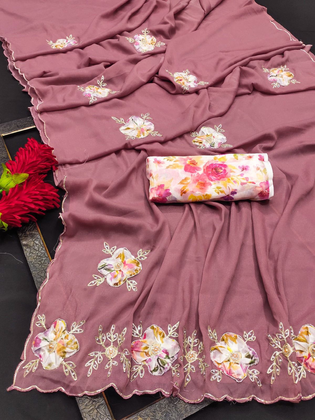 Elegant Star Georgette Saree with Floral Embroidery & Sequin Detailing