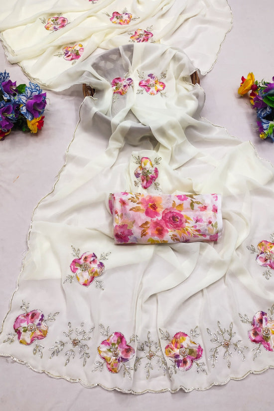 Elegant Star Georgette Saree with Floral Embroidery & Sequin Detailing